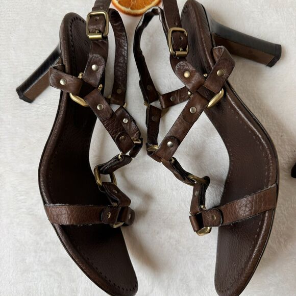Celine Paris Shoes Sandals Heels Brown Leather T Strap 36.5 Gold Harness Detail - Picture 6 of 8